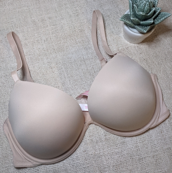 Victoria's Secret Plunge Padded Bra 34D Beige Tan Nude Pink Lining - Picture 1 of 5